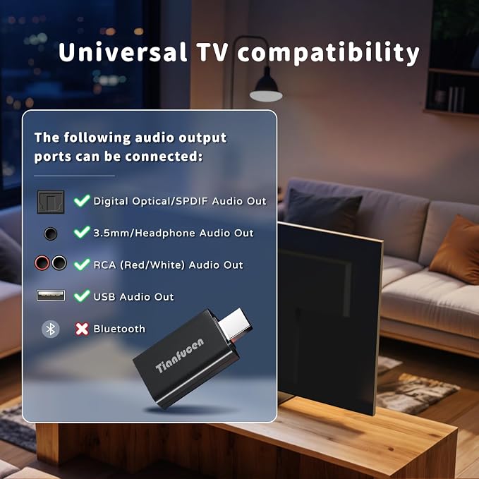 Tianfucen Wireless Headphones for TV Watching, BKM400 TV Headphones Wireless for Seniors, Easy Plug & Play with USB Transmitter, No Lip-Sync Delay, 40H Playtime, Comfortable,Black