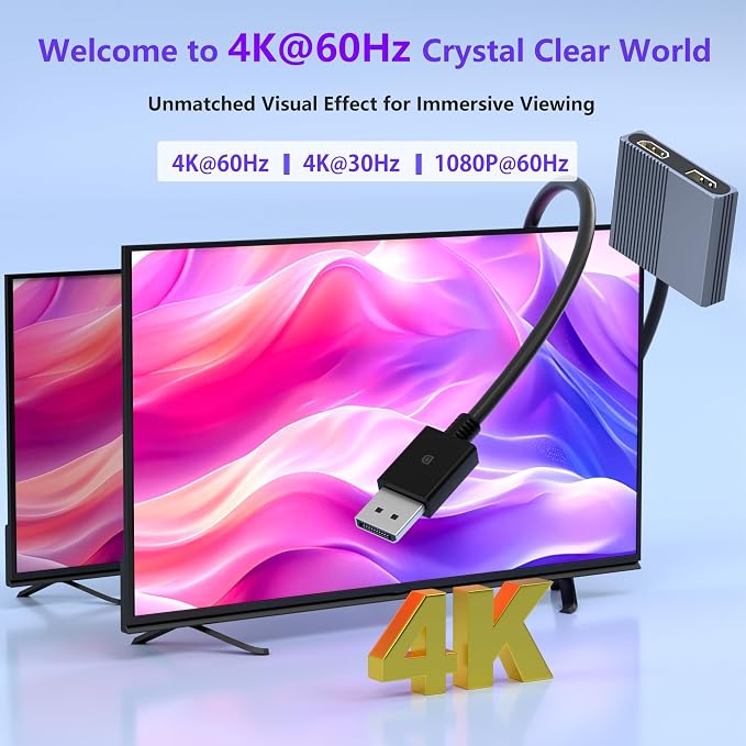 DisplayPort to HDMI and DisplayPort Adapter, 4K@60Hz Dual Monitor Adapter, DP to HDMI/Display Port Splitter 1 in 2 Out Extended Display, DisplayPort MST Hub for Desktop Laptop Graphic Card