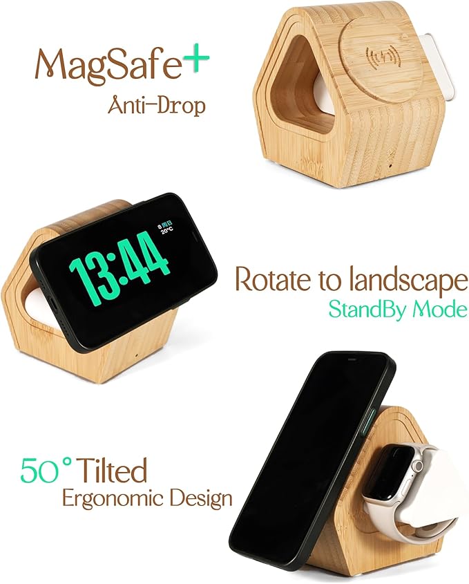 Bamboo Wireless Charging Station for Apple: 3-in-1 Charger Stand with Cabin Style for iPhone 17 16 15 14 13 12 Series,Watch 11-2, SE, Ultra, and AirPods 4-2, Pro, MagSafe Wireless Charger(20W Adapter)