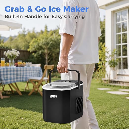 OSTBA Countertop Ice Maker Machine, Portable Ice Maker Makes 9 Bullet Ice Cubes in 6 Minutes, 26Lbs/Day Ice Makers Countertop with Self-Cleaning, Compact Mini Ice Maker for Home Kitchen RV Party