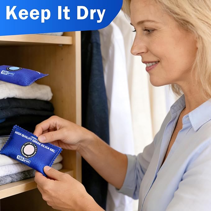 FURWEY 100g [ 6 Packs] Rechargeable Desiccant Packs for Storage, Color Indicating Silica Gel Desiccant Packets, Moisture absorbers for storage, Dehumidifier bag for Closets