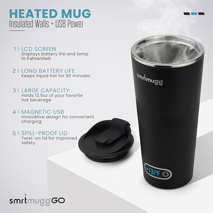 SmrtMugg GO Heated Coffee Mug, Travel Mug, 13.5 OZ. Smart Mug, Battery Powered Heated Coffee Mug, Great for Coffee and Tea, Snap on Magnetic Charging Cord, adjustable temperature (Black)