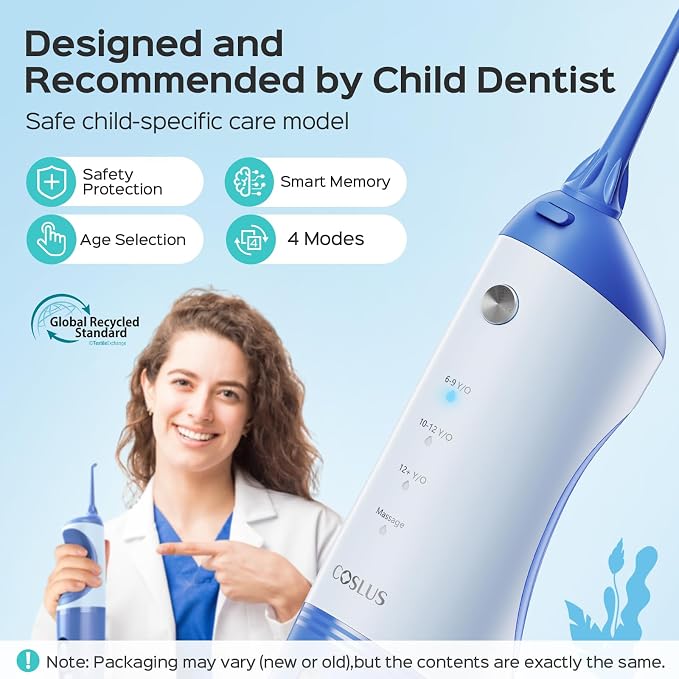 COSLUS C31 Cordless Water Flosser for Kids, Cute Water Dental Pick for Teeth, Braces, Gums Care - 4 Modes for Users Ages 6+, Safe & Gentle, Rechargeable, Waterproof, Portable for Travel, Blue White