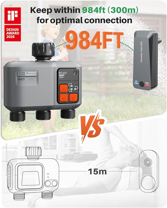 WiFi Sprinkler Timer 3 Zone with 984 FT Range, 3 Outlet Smart Water Timer for Garden Hose with Strong Wall Penetration/Rain Delay/Alexa & Google Voice/App Control, Water Hose Timers for Garden & Lawn