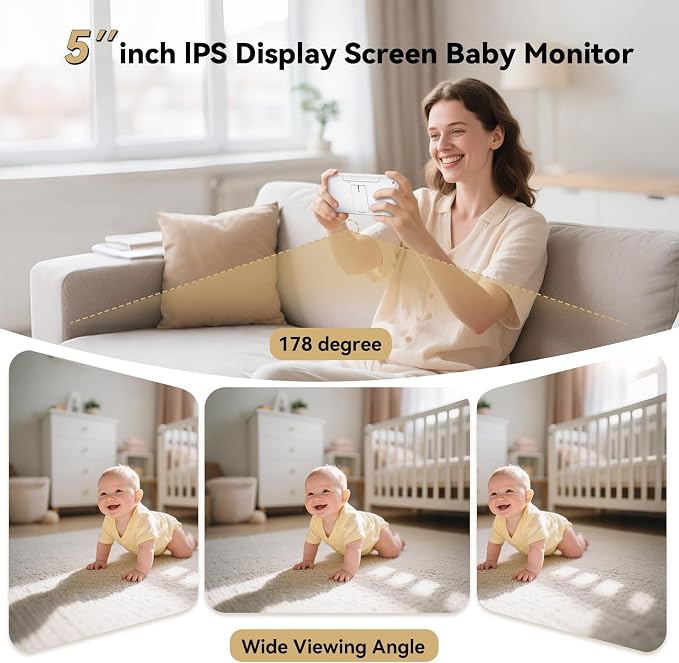 ebemate Video Baby Monitor with Camera and Audio, 5" IPS Screen, 30H Battery, Hybrid WiFi and No WiFi Connection, Pan-Tilt-Zoom, Night Vision, 2-Way Talk, 1500ft, for New Parents/Elderly EBE50P