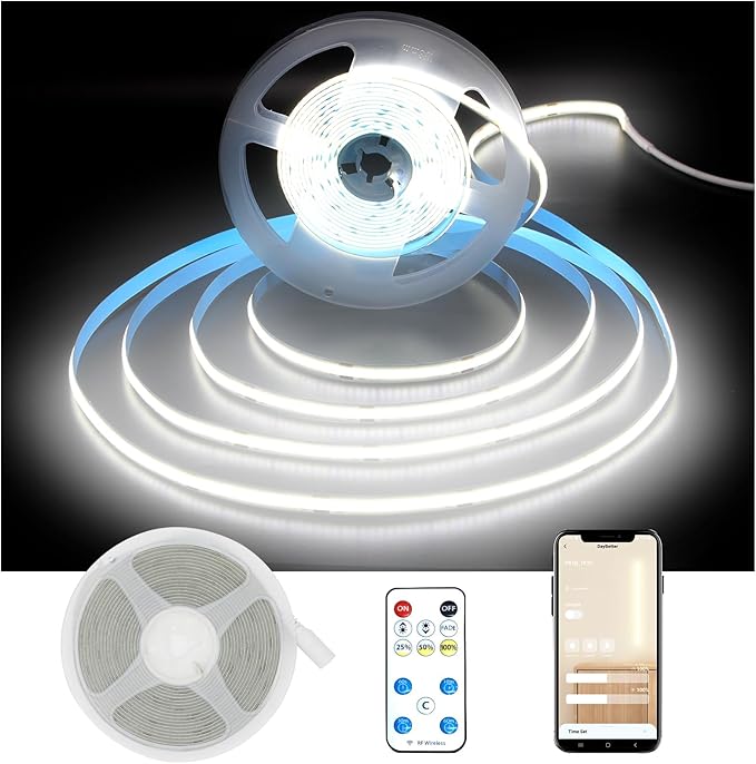 DAYBETTER COB LED Strip Light,LED Lights for Bedroom 16.4ft,Daylight White 6500K Dotless LED Light Strip,1600 LEDs Super Bright Dimmable 24V Flexible Tape Lights with Remote,Kitchen,Cabinets Lighting