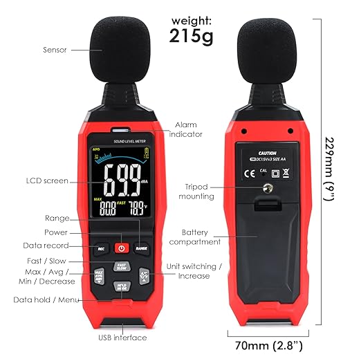 Decibel Meter Data Logger Digital Sound Level Meter with Alarm, A/C/Z Weighting dB SPL Meter 30~130dB, 1999 Data Record, Noise Measure Device with Data Hold Backlight for Home, Factory, Classroom