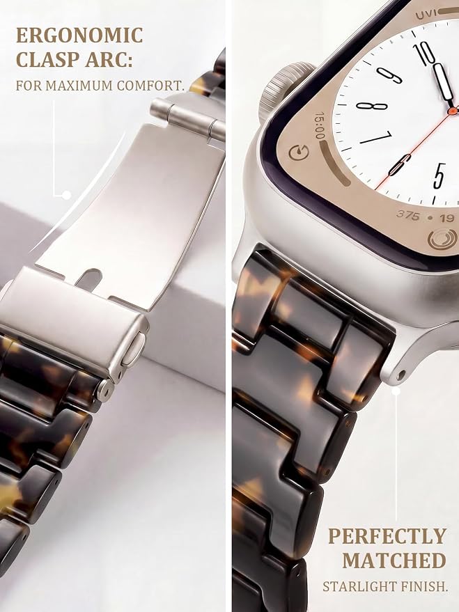 V-MORO Resin Bands Compatible with Apple Watch Series 8/7/9/10/11 Band Starlight Buckle Lightweight Fashion Jewelry Strap Bracelet For iwatch Series SE/6/5/4/3/2/1,Dark Tortoise,42mm/41mm/40mm/38mm