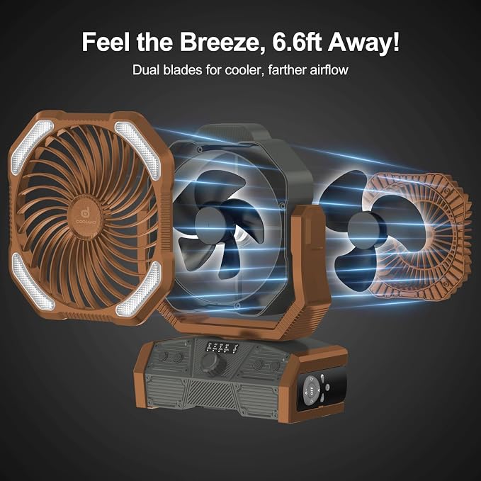 Odoland 40000mAh Camping Fan with LED Light, Battery Operated Oscillating Desk Fan with Remote & Hook, Rechargeable Outdoor Tent Fan with Timer for Hurricane Power Outage Travel Jobsite RV, Khaki