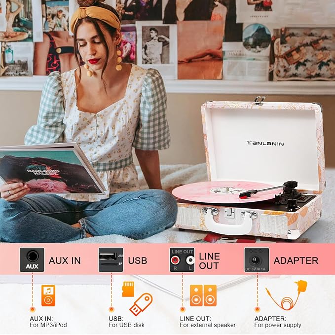 Pink Floral Vinyl Record Player with Built-in Speakers & USB Recording, Vintage 3-Speed Bluetooth Portable Suitcase Turntables Belt-Driven LP Player Support AUX/RCA/Headphone Jack