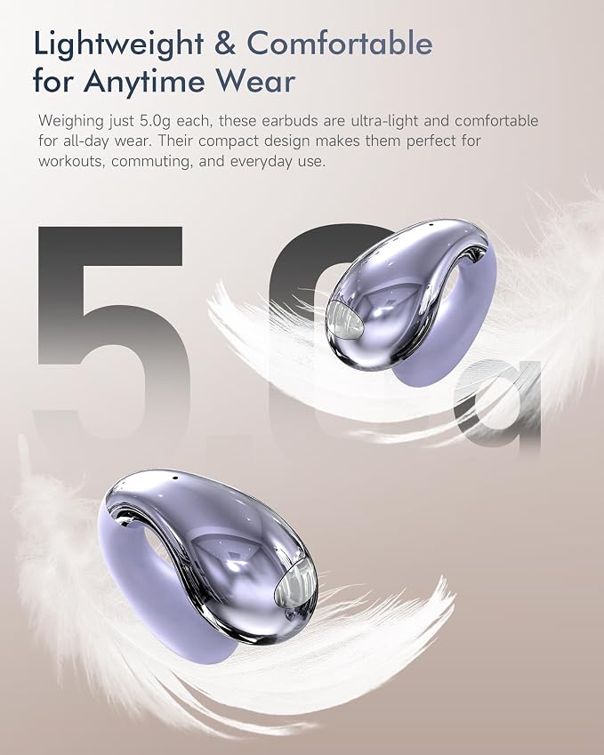 Upgraded Clip-on Ear Earbuds, Bluetooth 6.1 Wireless Open Ear Headphones, Comfortable Fit with Crystal Clear Sound, 50-Hour Battery Life, Open-Ear Wireless Headphones for Gym & Outdoor Sports,Purple