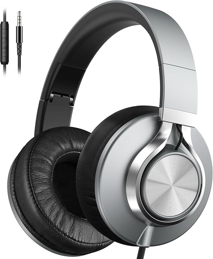 AILIHEN Wired Headphones with Microphone Volume Control, Noise Isolating Over Ear Headphones Wired 3.5mm, Super Soft Corded Headphone for Cellphones, Tablet and Chromebook (Grey)