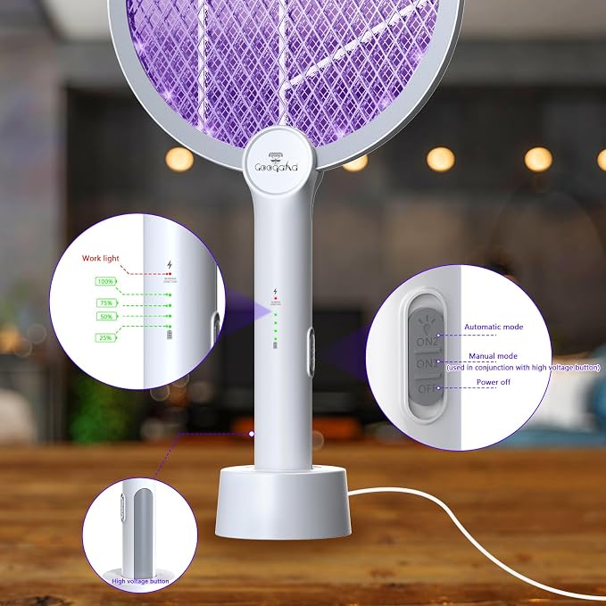 Bug Zapper Racket, 2 Mode Electric Fly Swatter with USB Rechargeable, 4000V Fly Zapper with 3 Layer Safety Mesh, Bug Zapper Racket for Indoor, Outdoor.