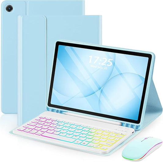 EAMPANG Case with Keyboard Mouse for Samsung Galaxy Tab A11 Plus/A9 Plus 2025/2023 11 inch,7 Color Rainbow Backlit Detachable USB-C Keypad Magnetic Case with Pen Slot for Tablet A11+ A9+ 5G Sky Blue
