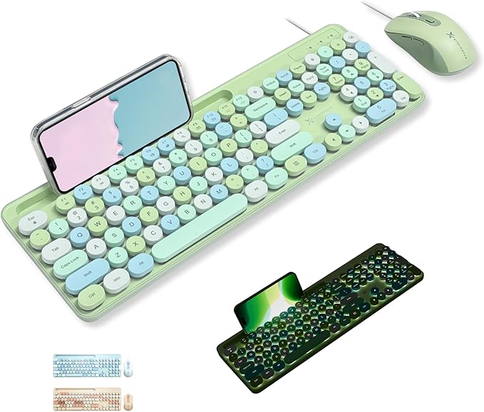 X9 Wired Keyboard and Mouse Combo - Retro Typewriter Keyboard with Round Keycaps, Soft White Backlight, Phone Dock, 109 Full-Size Keys, Cute Wired Green Keyboard and Mouse for Laptop, PC & Chromebook