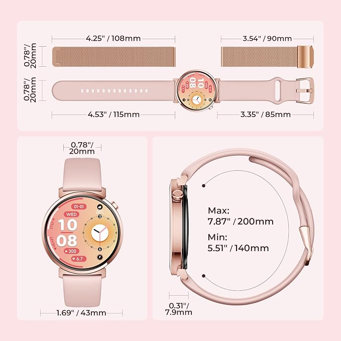Smart Watch for Women, 7.9mm Ultra Thin 1.32" AMOLED Screen, Bluetooth Calling, Fitness Tracker for Android iPhone, Heart Rate Sleep Monitor, IP68 Waterproof, 2 Straps, Rose Gold Gift