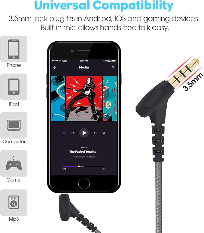 MINDBEAST Wired Earbuds with Microphone Super Bass Sound, Noise Isolation, Lightweight Cable Headphones for Running, Office, Travel, Gaming, Durable and Tangle-Free Ear Buds Earphones with 3.5mm Jack