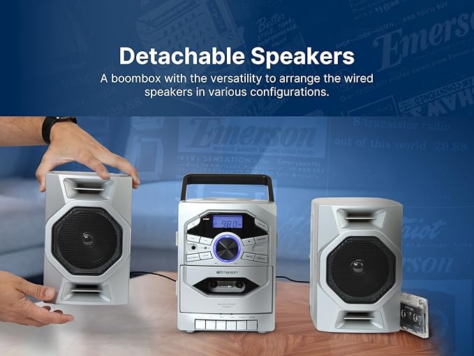 Emerson Portable CD Player Boombox with Cassette Player, Tape Recorder, AM/FM Radio, MP3 AUX Input, Detachable Speakers, AC/DC & Battery Operated – Stereo System for Home, Travel, Indoor & Outdoor Use