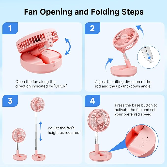 Belife X8 Portable Fan, 7200mAh Battery Powered Rechargeable, Oscillating USB Desk Floor Fan with Remote, Foldable Telescopic Fan for Home Bedroom Sleeping Office Camping Travel, 7.7" (Pink)