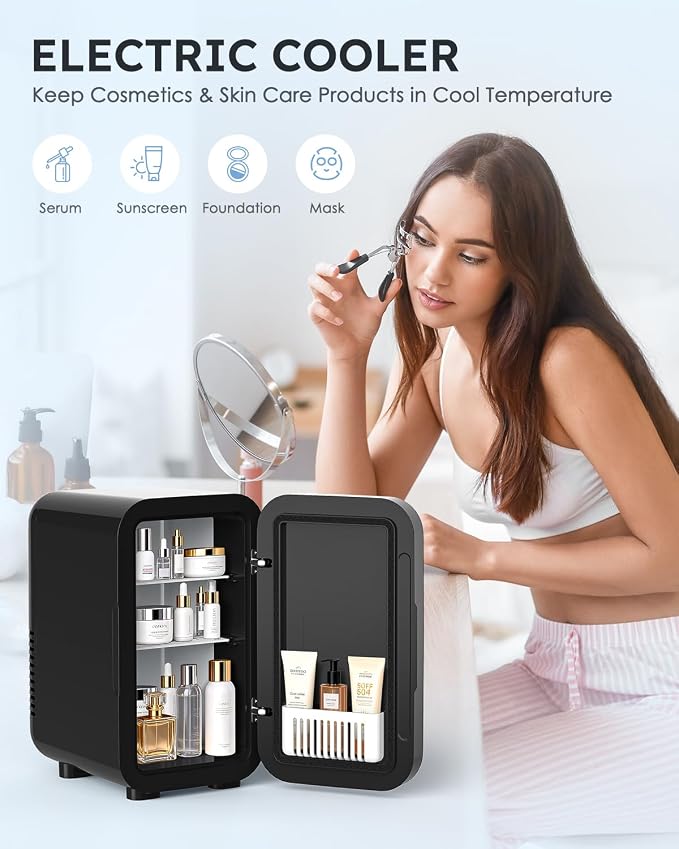 FANSEXPERT Skincare Fridge with Glass Panel, 6L Mini Fridge for Home/Car, AC/DC Portable Thermoelectric Cooler and Warmer, Makeup Mini Compact Refrigerator for Skincare Cosmetics Food Drinks (Black)