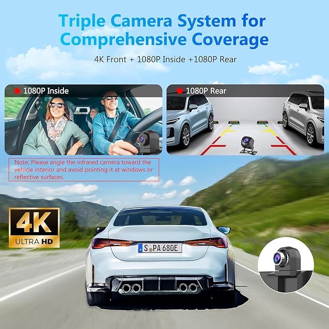 CARPURIDE W903S Wireless Carplay & Android Auto Screen with 3 Channel Dash Cam, 4K Front &1080P Rear, 1080P Infrared Cabin Camera for Cars with 64GB Card, Loop Recording, Bluetooth