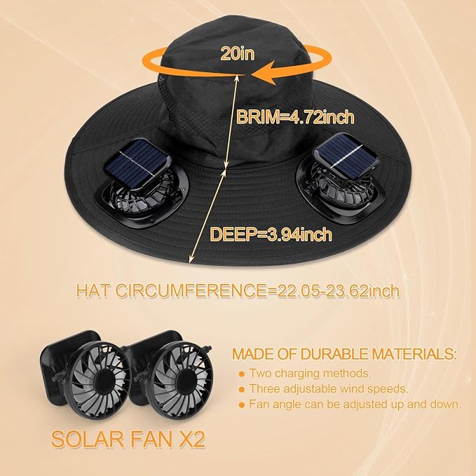 Solar Fan Hat for Men - Wide Brim Cooling Hat with 2 Built-in Solar & USB Rechargeable Fans for Fishing Hiking