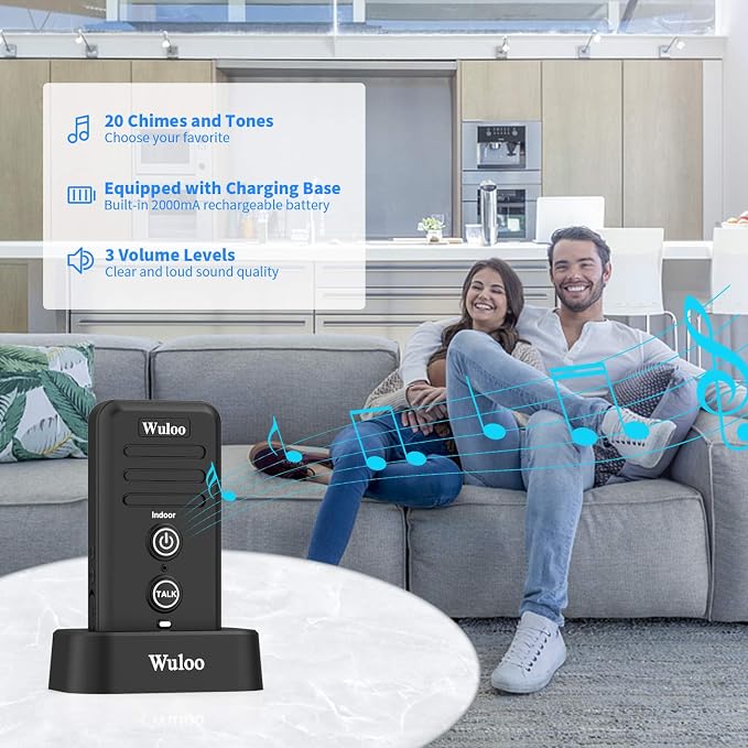 Wuloo Wireless Intercom Doorbells for Home Classroom, Intercomunicador Waterproof Electronic Doorbell Chime with 1/2 Mile Range 3 Volume Levels Rechargeable Battery (Black, 1&1)