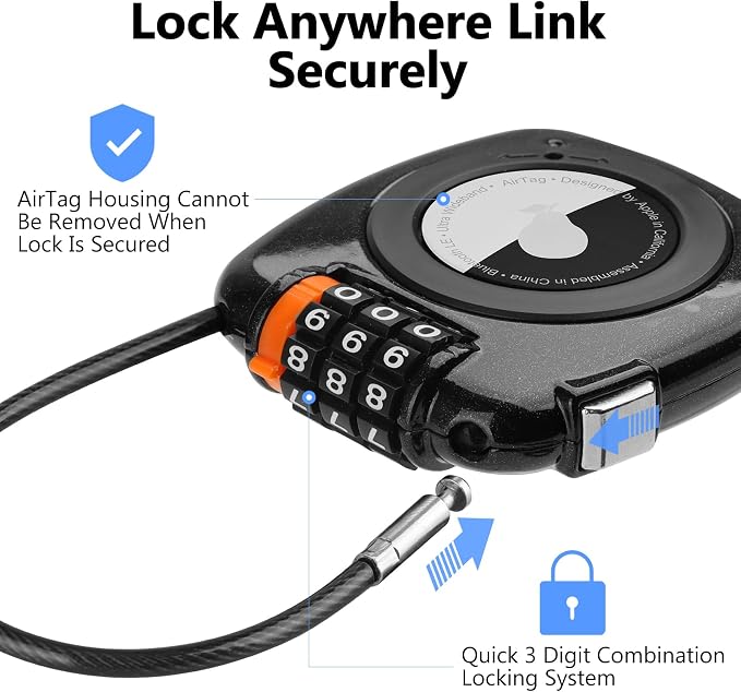 Compatible with Apple AirTag Secure Lock with Wire Cable, 3-Digit Combination Luggage Locks, Alloy Body Ultra Durable Anti-Lost Protective Case for Luggage, Suitcase (Black/Green)