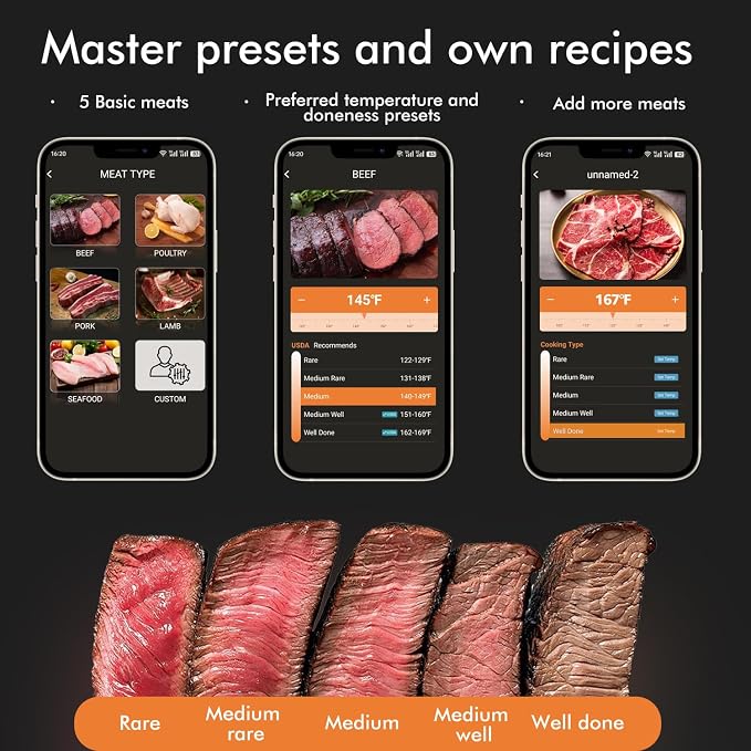 Smart Wireless Meat Thermometer 4 Probes, Bluetooth Food Thermometer, Remote Tracking and Real-Time Readings from Apps, for iOS and Android, for BBQ, Grill, Smoker, Nigogor Heat-Resistant Probes