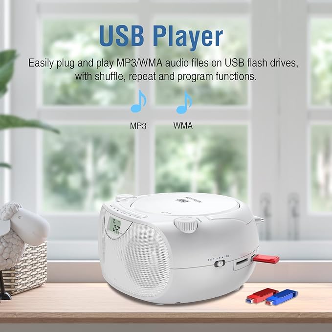 Nextron Portable CD Player Bluetooth Boombox with AM/FM Radio, USB, AUX-in, Headphone Jack, CD-R/RW & MP3-CD Compatible, Stereo Sound with Bass Boost, AC/Battery Operated – White