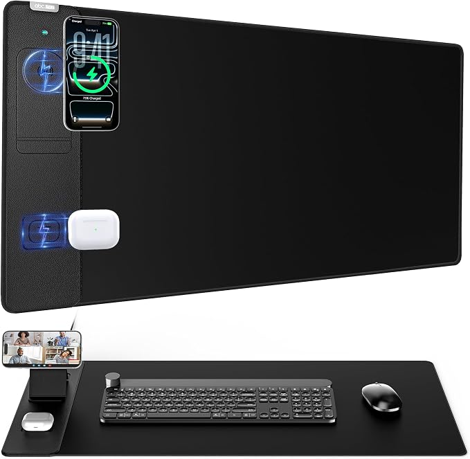 Mouse Pad with Magnetic Wireless Charging Phone Stand, 31.5"x15.8" Large, Waterproof Smooth Surface, Non-Slip Base, No Adapter