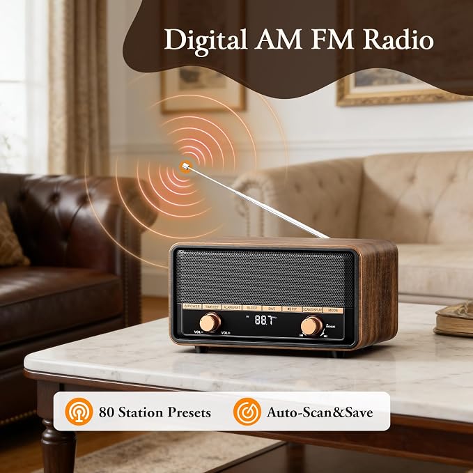 Vintage Wooden AM FM Radio with Bluetooth, Digital Clock Radio for Bedroom with 80 Station Presets, Tap to Snooze, Sleep Timer, Clear LCD Display for Home Office (Deep Walnut)