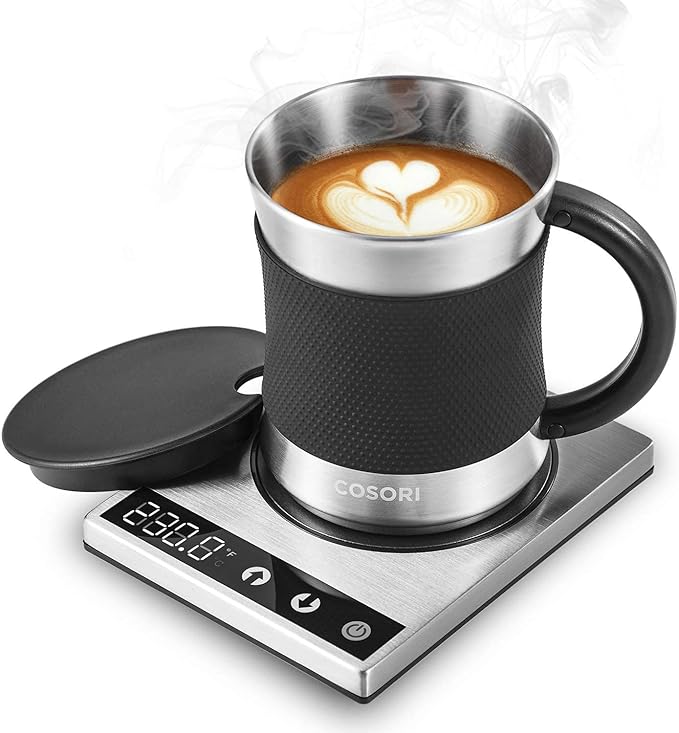 Cosori Coffee Mug Warmer & Mug Set for Desk, Cup Heater, Office, 1°F Precise Temperature Control, Touch Tech & LCD Digital Display (77-194℉), 304 Stainless Steel, Silver/Black