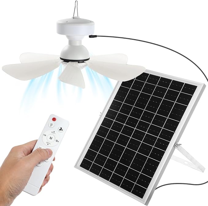 Glooglitter 1 Set Solar Ceiling Fan Light Kit 16.5”, 25W Outdoor Solar Powered Gazebo Fans with 3 Color Light and Remote Control, Portable Fan for Patio Canopy Shed Rv Porch Chicken Coop Camping Tent