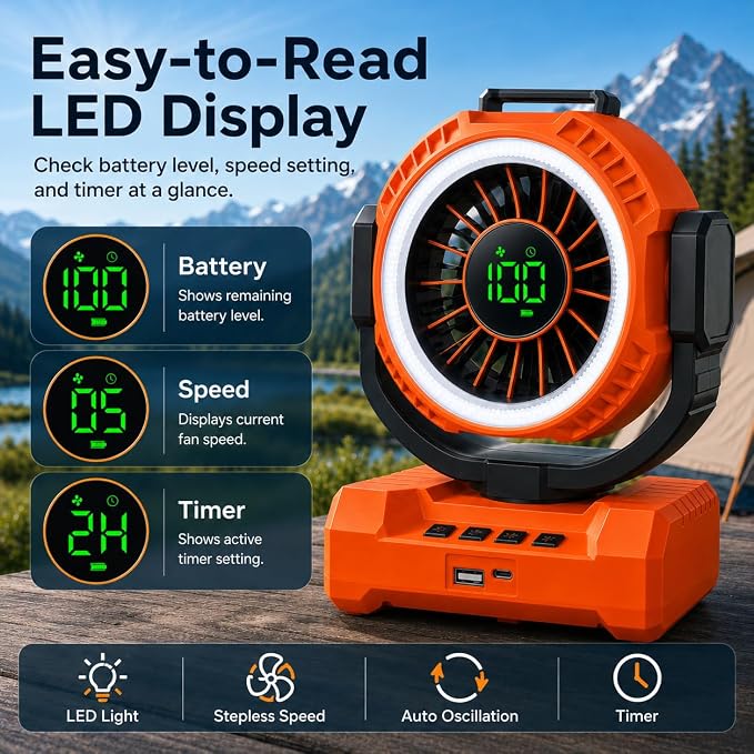 Portable Camping Fan 3-in-1, Auto-Oscillating 20000mAh Rechargeable Fan with Light, 1-100 Speed, 12H Timer, Display, Cordless Battery Powered Fan for Indoor, Outdoor, Travel, Fishing, Tent, Bedroom