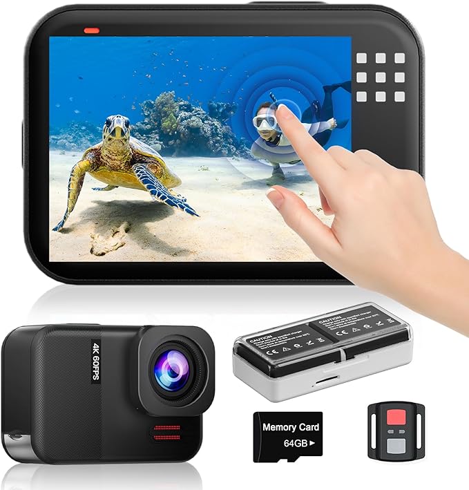 4K60fps Waterproof Action Camera- Bare Metal Underwater 10M with 64G SD Card, HD 48MP Touchscreen Sports 6-Axis Stabilization,8X Zoom Underwater Camera Snorkeling with Helmet Accessories