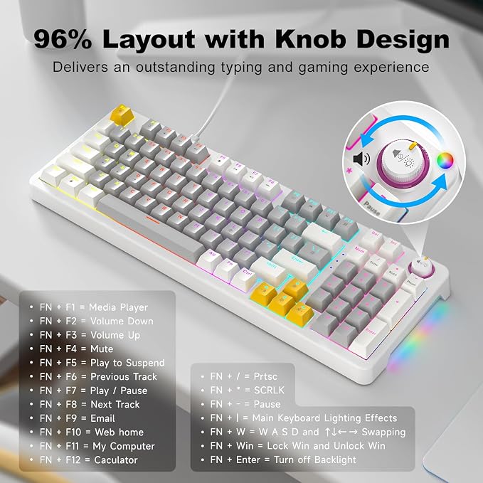 MOFII AK96 Mechanical Gaming Keyboard, Full Keys LED Backlit Programmable, Plug and Play USB A/C Wired Computer Custom Keyboard with Sound/Light Control Knob for Win/Mac - Gray & White