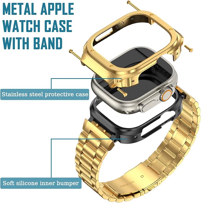 MioHHR Stainless Steel Watch Band with Case Compatible with Apple Watch Ultra3 2 1(49mm), Rugged Strap with Metal Protective Bumper Cover for iWatch Band Men(Gold)
