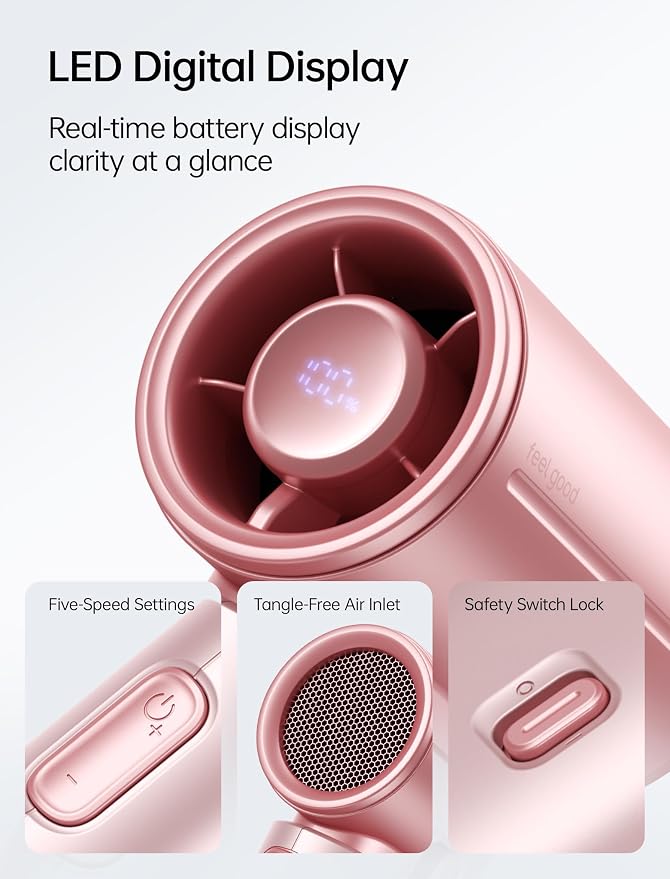 JISULIFE Mini Handheld Fan Life9S - Sleek Chrome: Turbo Power, 22 Hours Cooling, LED Display, 5000mAh, 5-Speed, Small Portable Fan for Travel, Cruise, Concerts, Trendy Gifts for Women Men-Pink
