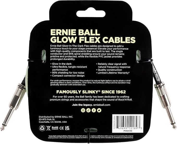 Ernie Ball Flex Instrument Cable Straight/Straight 10ft - Glow in Dark (P06436)