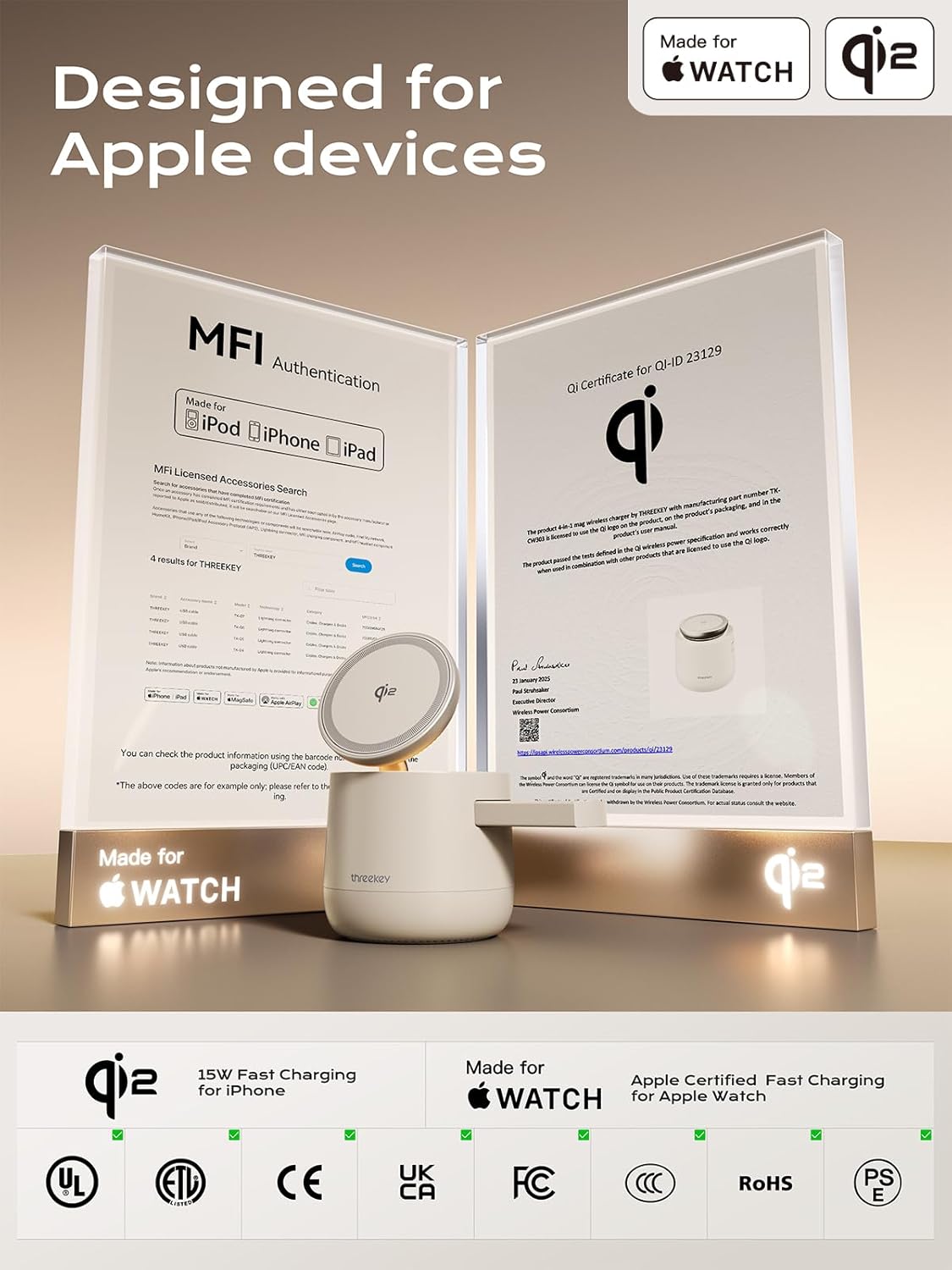 MFI Certified by Apple, 4 in 1 Magsafe Wireless Charging Station, Qi2 15W Magsafe Charger for iPhone 17/16/15/14/13/12 Series, iWatch, Airpods, iPad, 65W Charger Included (Sand, 3 in 1)