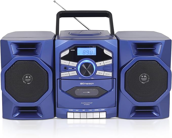 Emerson Portable CD Player Boombox with Cassette Player, Tape Recorder, AM/FM Radio, MP3 AUX Input, Detachable Speakers, AC/DC & Battery Operated – Stereo System for Home, Travel, Indoor & Outdoor Use