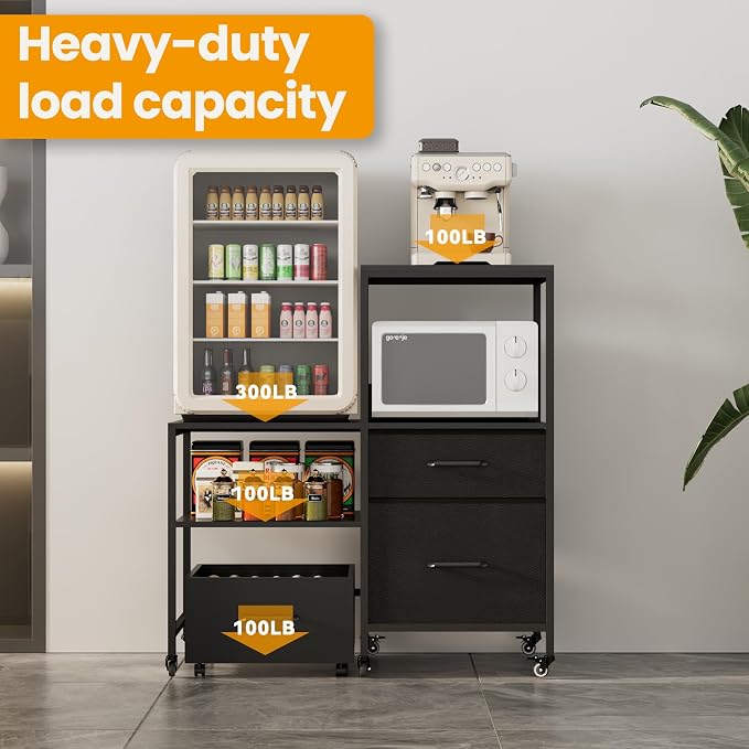 Mini Fridge Stand with Rolling Basket Cart, 300 lb Load Capacity Storage Rack with 3 Drawers and Lockable Wheels – Rustic Brown and Black Cabinet with Fabric Drawers, Ideal for Dorms, Apartments, Home