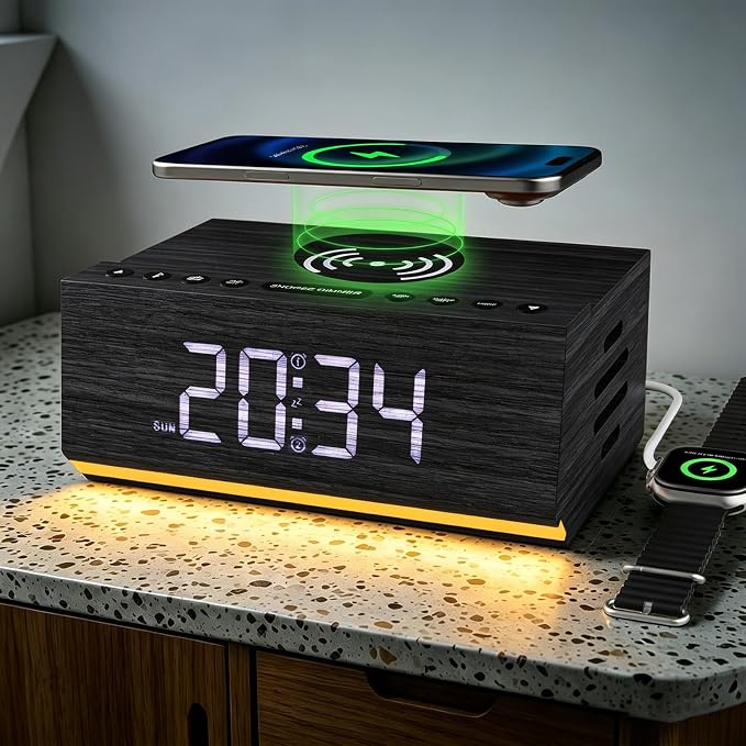 Hoifen Wooden Digital Alarm Clock with Wireless Charging, Bluetooth Speaker & FM Radio, Dual Alarms, Night Light, Dimmable Display, USB Port, 9-Min Snooze – Bedside Clock Home Decor Gift (Black)