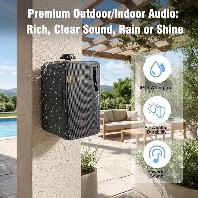 Herdio 3.5" 200W Outdoor Bluetooth Speakers, IP44 Waterproof Rating and Be Able to Wireless Multi-Connection Up to 20 Units for Patio/Porch/Balcony (Black, 2-Pack)