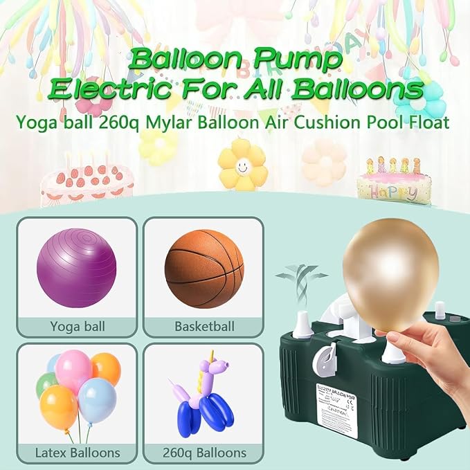 4-in-1 Electric Balloon Pump,Portable Electric Air Balloon Blower Machine for All Balloons, Air Pump for Sports Balls, Inflator& Deflator for Inflatables（Green）