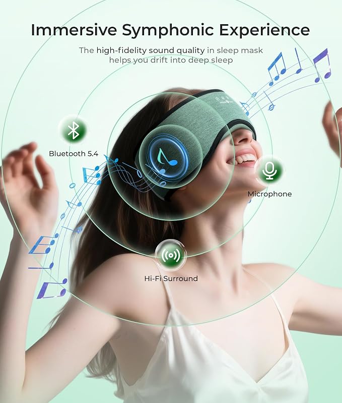 MUSICOZY Sleep Mask with Bluetooth Headphones, Bamboo Cotton Extended Sleep Headphones for Side Sleepers, Bluetooth Eye Mask for Sleeping, Wireless Earphones with HD Stereo Speakers (Dark Green)