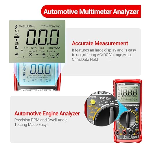 ANENG SZ26 Multimeter,Digital Automotive Engine Analyzer with 500-10000RPM Tach,Dwell Angle,Duty Cycle,DC Current,AC/DC Voltage,Amp,Ohm,Large LCD,Data Hold,Versatile Tester for Car Diagnostics