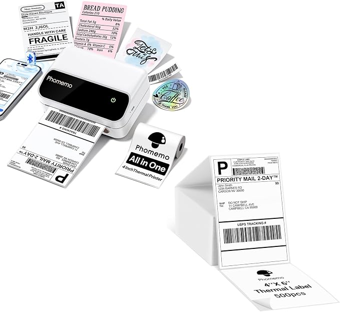 Phomemo Potable 4x6 Shipping Label Printer with 500PCS Fan-Fold 4x6 Thermal Direct Shipping Labels
