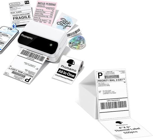 Phomemo Potable 4x6 Shipping Label Printer with 500PCS Fan-Fold 4x6 Thermal Direct Shipping Labels